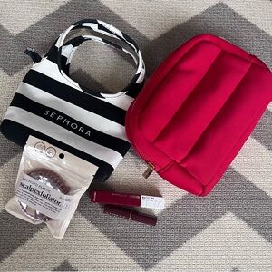 Sephora Black and White Striped bag and Red padded makeup Pouch with items shown